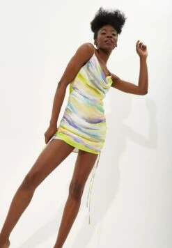 Abstract Pastel Cowl Neck With Adjus - Shift Dress - Multi-Coloured