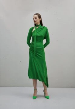 Victoria Beckham Slash Neck Ruched Midi Dress - Cocktail Dress / Party Dress - Dark Green