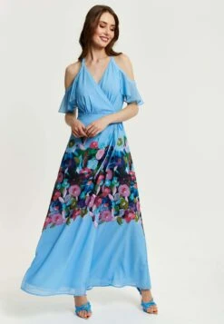 Liquorish Floral Print With Frill Details In- Maxi Dress - Blue