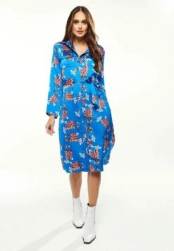 Liquorish Floral Print In Bright - Shirt Dress - Blue