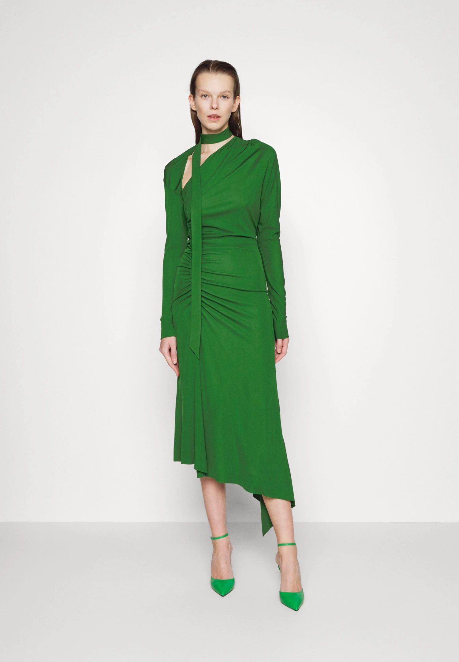 Victoria Beckham Slash Neck Ruched Midi Dress - Cocktail Dress / Party Dress - Dark Green - Image 2
