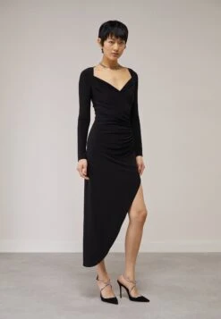 Norma Kamali Long Sleeve Sweetheart Side Drape Gown - Jersey Dress - Black