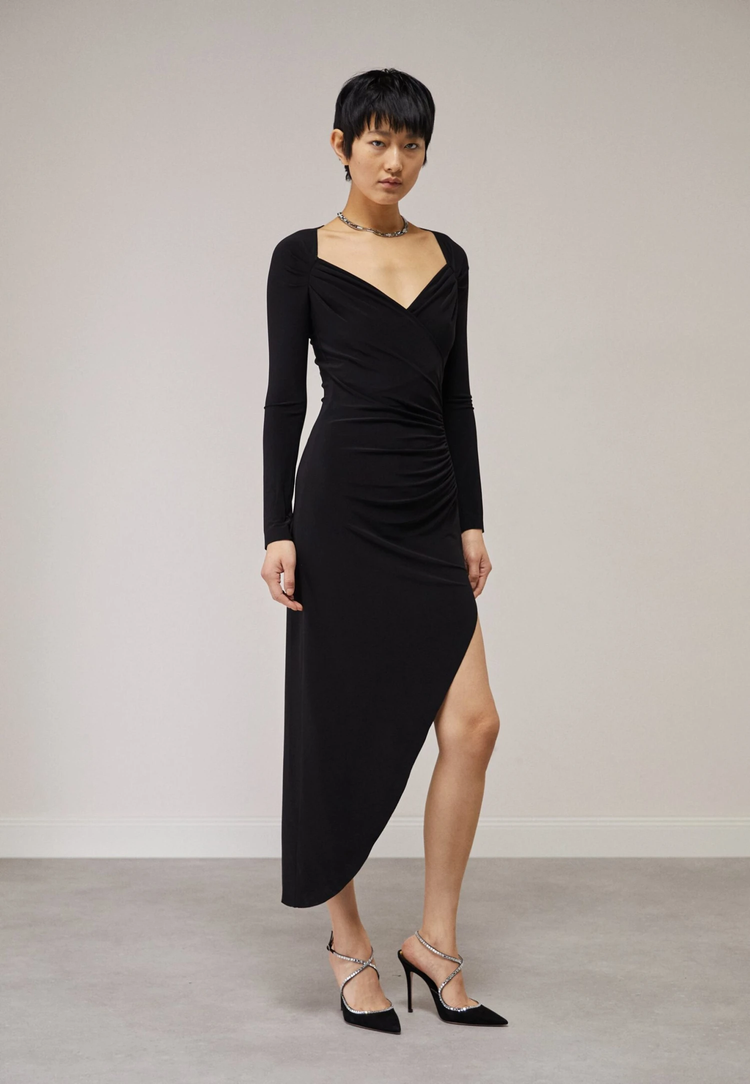 Norma Kamali Long Sleeve Sweetheart Side Drape Gown - Jersey Dress - Black