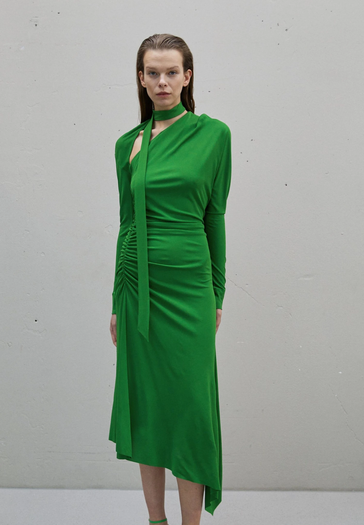 Victoria Beckham Slash Neck Ruched Midi Dress - Cocktail Dress / Party Dress - Dark Green - Image 3