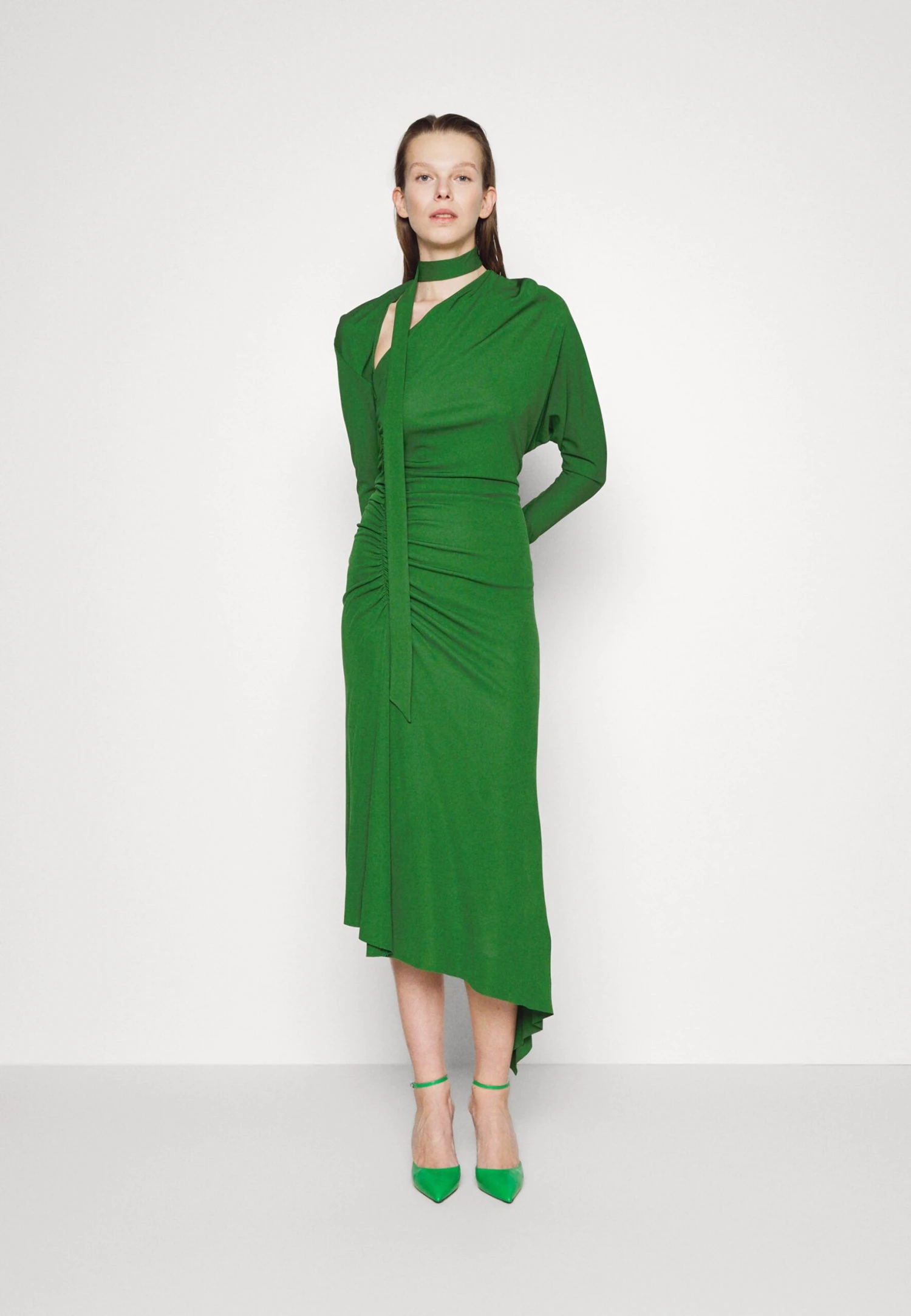 Victoria Beckham Slash Neck Ruched Midi Dress - Cocktail Dress / Party Dress - Dark Green - Image 4