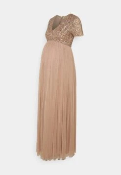V Neck Short Sleeve Delicate Sequin Maxi Dress - Occasion Wear - Taupe Blush